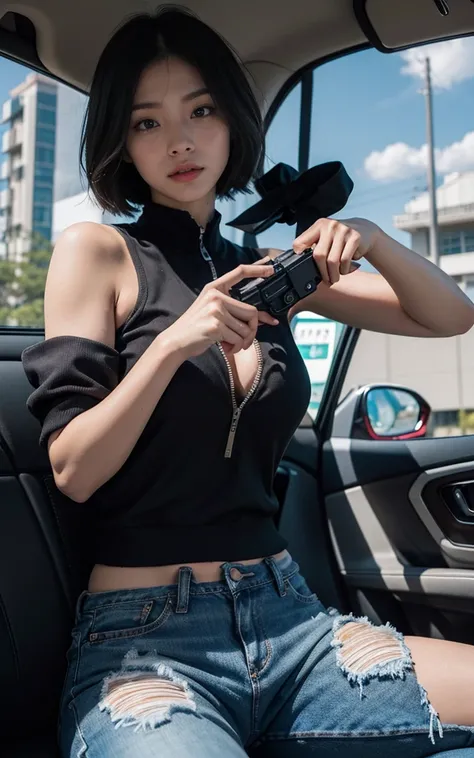  (Highest image quality, Excellent details, Ultra-high resolution), (realism: 1.4), ８potassium,Realistic photos、Realistic skin texture、A Japanese beauty living in the United States opened the car door to hide from bullets.、Dirty shirt and jeans、sports shoe...