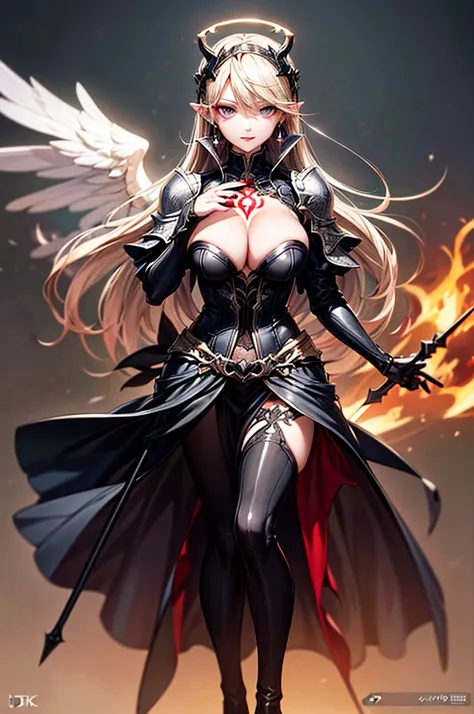 In the middle of the burning battlefield filled with broken swords and dead sodiers stand beatiful female fallen angel with black wings , she have beautiful face her eyes is golden yellow she have dark red lipstick and black eyeshadows she have piersing ri...