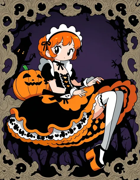 pretty maid girl dressed in a halloween outfit, in the style of anime art, light orange and dark black, white thighhighs, platform heels, orange and black, gothic style dress, vintage rococo style dress,