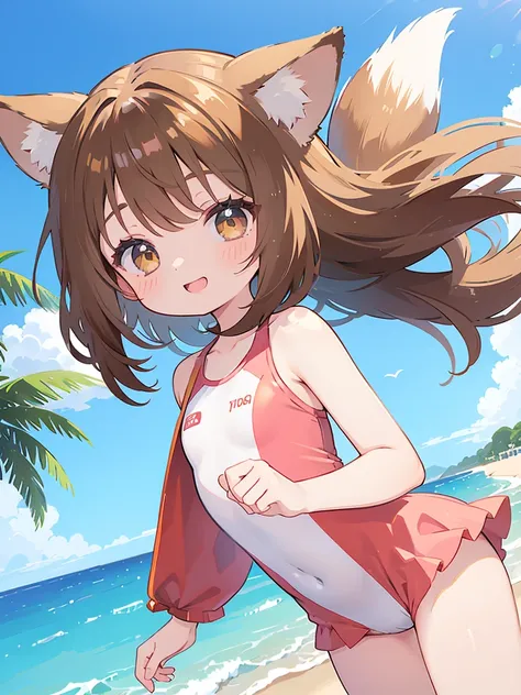 A cute little lowteen anime girl, short brown wavy hair, id shot, anime style, big shiny brown eyes, fox ears, 11 years old, summer, swimsuits,seaside,smile