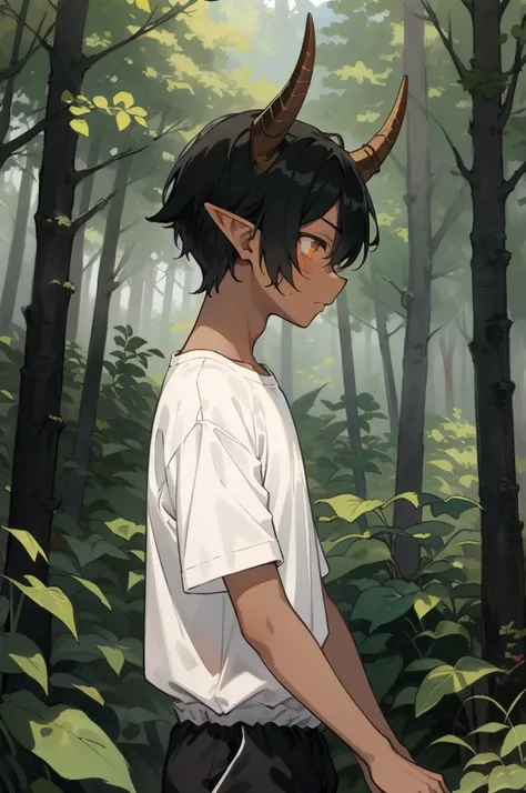 ((1boy,8 years,solo)),sad,(dark skin),((white shirt,short sleeves,black shorts)),Short hair,black hair,elf ears,(horns),(forest background),profile,orange eyes