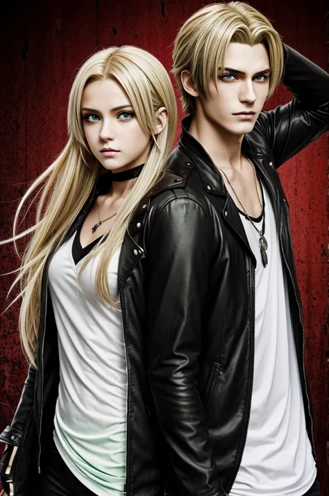 anime style photo of two teenage vampires, that one is a man with black hair and green eyes and that the woman is ash blonde with brown eyes and that it is obvious that they are vampires 