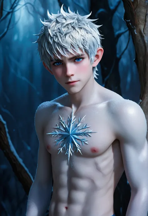 (Jack Frost: 1.6), young man, 18 years old, milk white skin, blue eyes, white hair, shirtless, 6-pax abs, (full body shot), young boy, 18 years old, beutiful, perfect, milk white skin, slim body, very detailed blue eyes, very pale skin, barefoot in a snow ...