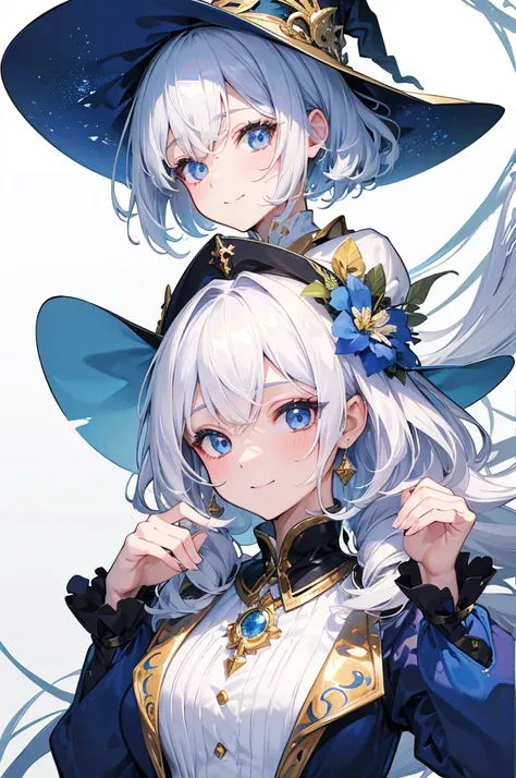 (Highest quality)　(4K)　(8K)　(High resolution)　(masterpiece:1.2)　(Super detailed)　One girl　short hair　witch　The right eye is blue and the left eye is yellow　Long sleeve　Golden decoration　(White Background)　Hair between the eyes　Closed Mouth　White Dress　Blue...