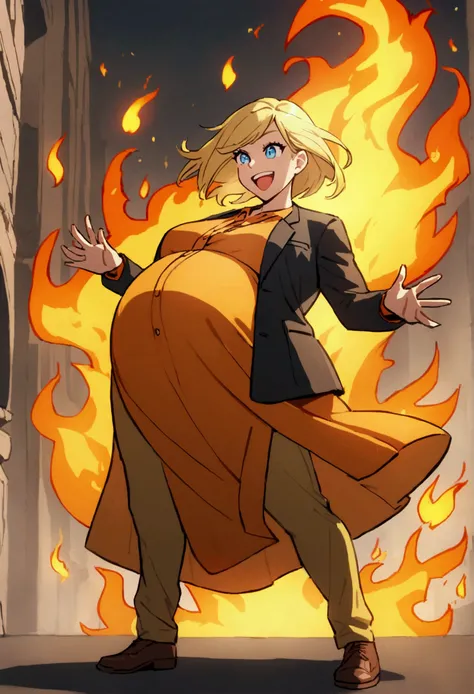 pregnant badass girl with long short blonde hair, blue eyes, orange shirt, black blazer, dark yellow pants, brown shoes, happy, with flames