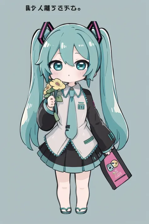 masterpiece, best quality, highly detailed, nozochibi, 1girl, (chibi:1.4), hatsune miku, simple background, full body, NEON COLOR, LOFI COLOR, masterpiece, long hair, , looking at viewer, only face cam, beautyfull eyes ,holding a flower, Hatsune Miku,