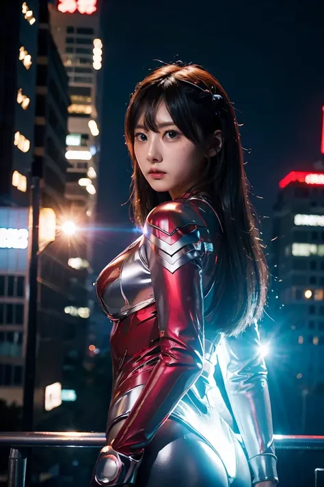 Ultraman、realistic、realistic、cinematic lighting, Girl in a shiny red and silver suit、15 years old、professional photos、Don&#39;Do not expose your skin, japanese model, japanese cgi、Ultraman Suit、, Power Rangers Suit、tight and thin cyber suit,Whole body rubb...