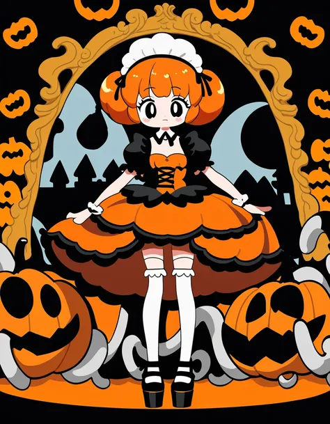 in the style of anime art, cute maid girl in halloween costume, bright orange and dark black, white thigh-high socks, platform h...