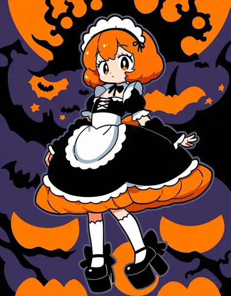 In the style of anime art, cute maid girl in Halloween costume, bright orange and dark black, white thigh-high socks, platform heels, orange and black, gothic style dress, vintage rococo style dress, , small bust