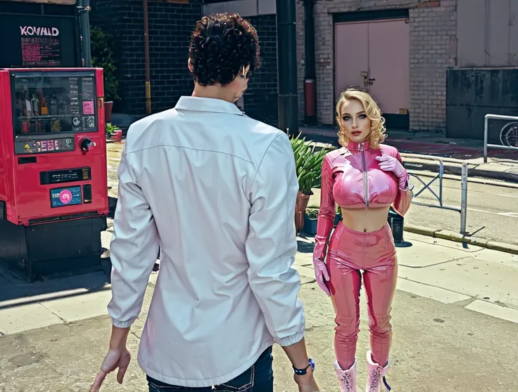 adult woman, blonde curly hair, pink latex outfit, pink boots, white gloves, blue eyes, big breast,standing in the City alley, mend stand