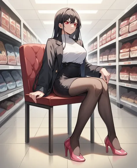 Sitting on chair of local Hich heels store, full body, Anime styles female holding pair of hich heels, black skirt, pink Hich heels, black hair, Long Hair, career woman, black jacket, dark pantyhose white shirt,red eyes ,angry (full body)