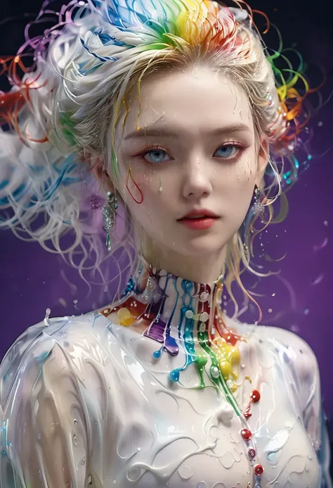 beautiful blonde woman, The wax coat melts and drips on the body (masterpiece: 1.2), (best quality), 4K, Extremely detailed, (Dynamic Synthesis: 1.4), Very detailed, Colorful Detailed, (Rainbow Colors: 1.2), (Bright Lights, Atmospheric lighting), Dreamy, m...