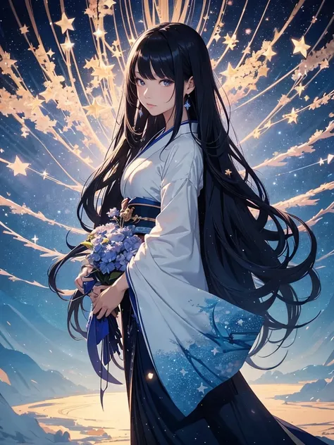 star world, a elegant furisode Lady long black hair standing backstyle on a blue smallFlowers, holding a Japanese SENSE in her hand to summon flying Bright star around her. The background is full of large and small blue flowers, creating an atmosphere of f...