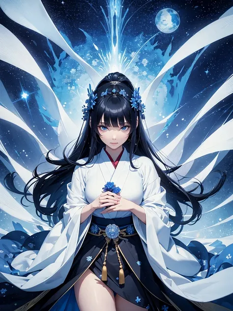 star world, a elegant furisode Lady long black hair standing backstyle on a blue smallFlowers, holding a Japanese SENSE in her hand to summon flying Bright star around her. The background is full of large and small blue flowers, creating an atmosphere of f...