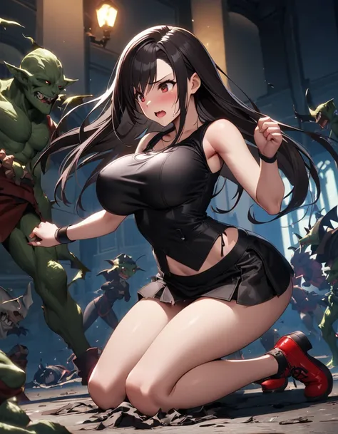 Final Fantasy 7 Tifa Lockhart　　Indoor at night、Wearing black pantyhose　Wearing a mini skirt、Wearing black clothing、Big Breasts、Stylish、Attack causes clothes to tear、Attacked by Goblins、Thin legs、Black long hair、bare hands、Writhing around after taking damag...