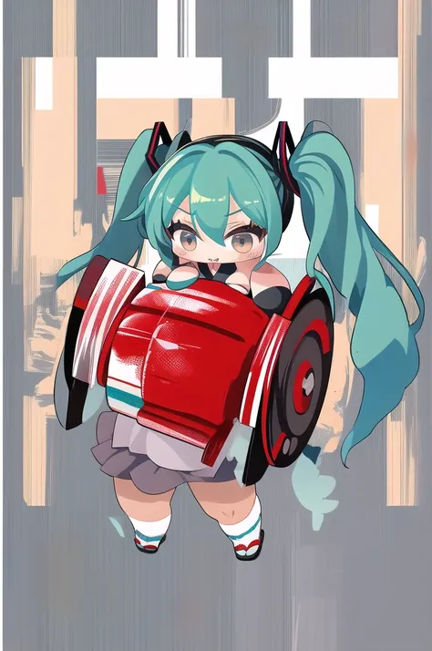 masterpiece, best quality, highly detailed, nozochibi, 1girl, (chibi:1.4), hatsune miku, simple background, full body, 1 girl, fox girl, sumo wrestling, standing, fat tummy, sharp eyes, Japanese cloths, more prism, vibrant color, Hatsune Miku,