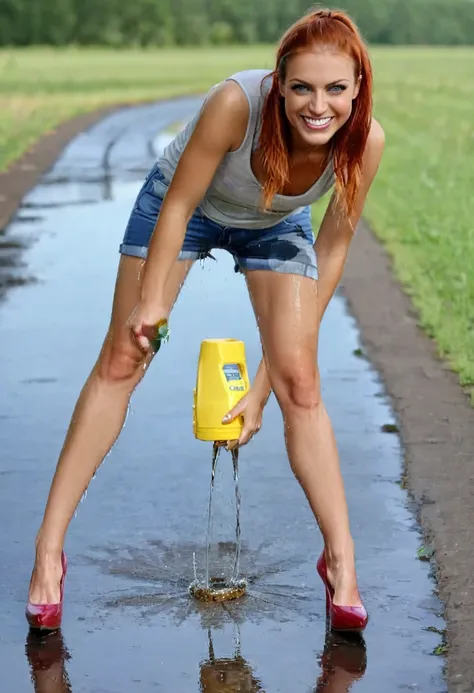 redhead woman, green eyes, inviting smile, daisy duke denim shorts, high heel pumps, tank top, peeing shorts, pee runs down legs into shoes, pee puddles around shoes, pee stains are gleaming wet, shoes are soaking wet