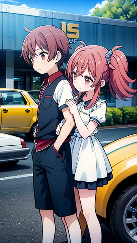 ((Highest quality)), ((masterpiece)), (detailed), Lovers standing in front of a small wagon-type car, such as a Volkswagen、2 people、Boy and Girl、drive、Vision、Side Angle
