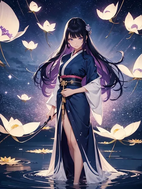 star world, a elegant furisode Lady long black hair and purple eyes standing backstyle on a blue Lotus, holding a Japanese SENSE in her hand to summon flying Bright star around her. The background is full of large and small blue flowers, creating an atmosp...