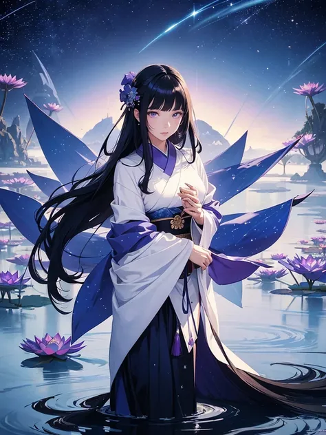 star world, a elegant furisode Lady long black hair and purple eyes standing backstyle on a blue Lotus, holding a Japanese SENSE in her hand to summon flying Bright star around her. The background is full of large and small blue flowers, creating an atmosp...