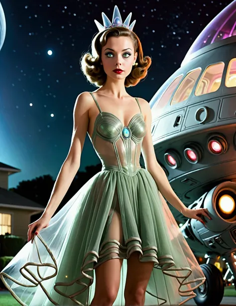 Rachel Pizzolato, age 25, (alien sheer gown, 50s styling, odd makeup) as an alien princess, space ship behind her (landing gear down) seductive approach to viewer, suburb at night
