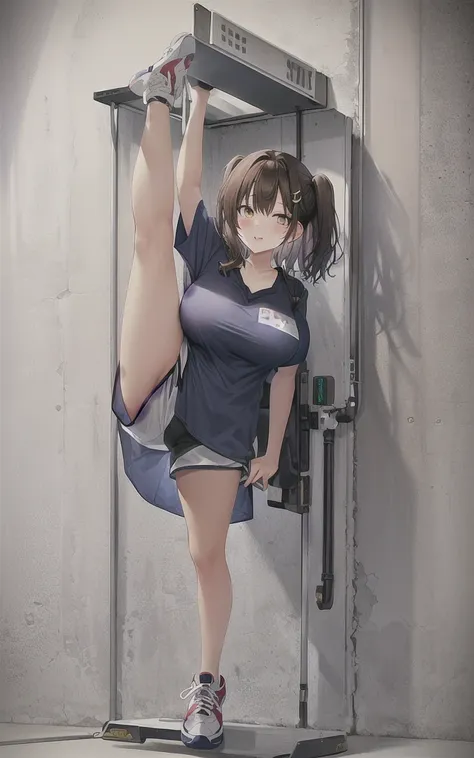 a masterpiece, 8k, high quality, split, a young japanese girl standing on one foot while holding the other foot above her head, ...