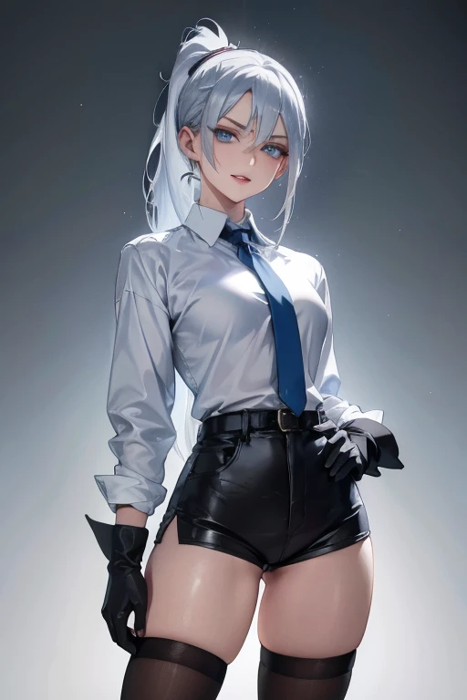 Adult features　tall　Light blue eyes　Gray Hair　ponytail　Slit eyes　laugh at　Glare　frivolous attitude　Evil Face　White shirt　Black hot pants　Black long gloves　Black knee socks　Place your hands on your hips