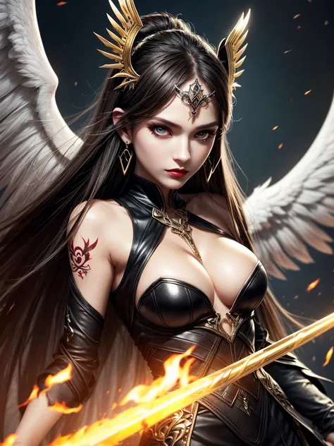 In the middle of the burning battlefield filled with broken swords and dead sodiers stand beatiful female fallen angel with black wings , she have beautiful face her eyes is golden yellow she have dark red lipstick and black eyeshadows she have piersing ri...