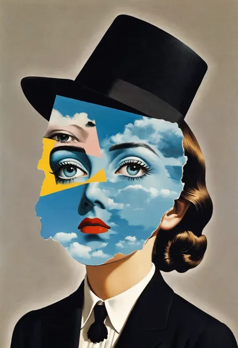 rené magritte，有一张女人脸的collage画，there are many different things on the face，geometric dislocation，collage，artistic sense，painting，...