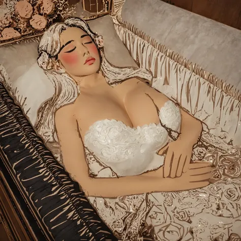 A provocative and sensual image unfolds before us. Two Korean girls, 22 years old, lie asleep in a deep, black coffin surrounded by plush pillows. They wear see-through wedding dresses with lace details, off-shoulder designs, sleeve, and huge skirts that c...