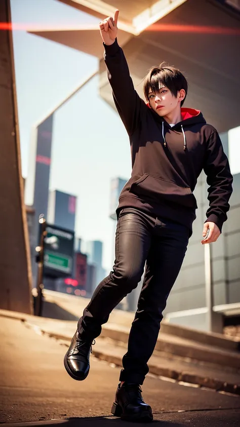 A handsome, dashing young man in the manga series "Jujutsu Kaisen" named, Ita Doti Yuji with his characteristic clothes, black hoodie, and red shoes, with HD, 4K anime photo resolution quality. with a backdrop of sparkling light, body-saving fantasy, as we...