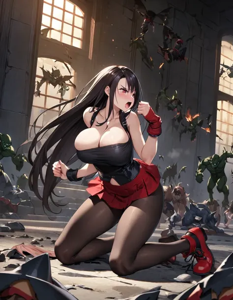 final fantasy 7 tifa lockhart　　indoor at night、wearing black pantyhose　wearing a mini skirt、wearing black clothing、big breasts、s...