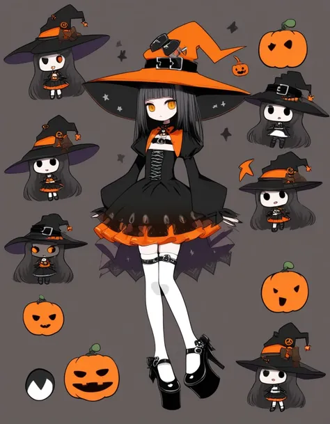 Cute girl, bright orange and dark black, white thigh-high socks, platform heels, gothic style, , small bust, witch, simple background