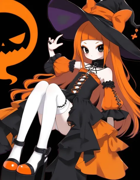 Cute girl, bright orange and dark black, white thigh-high socks, platform heels, gothic style, , small bust, witch, simple background