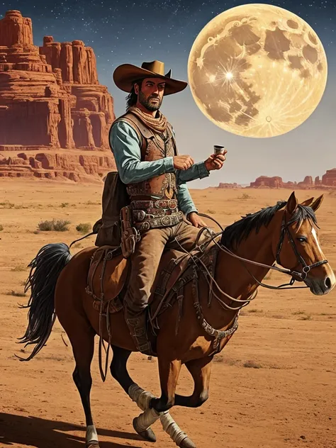 cowboy on horse in desert with full moon in background, space western, red dead redemption art style, the cowboy in the weird west, cowboy, western comic book art, western comic art, by Carlos Berlanga, in the old west, western painting, western art, jesse...