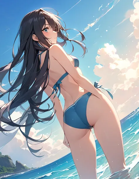 summer、Ocean、blue sky、beautiful girl、bikini、sexy、Low angle、Medium chest、Black Hair、Semi-long hair、Back view、((hip focus))