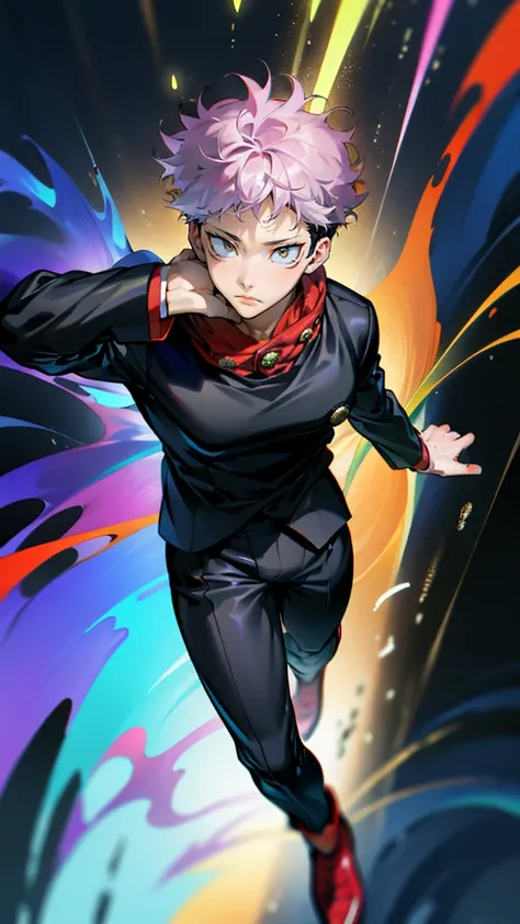 A handsome, dashing young man in the manga series "Jujutsu Kaisen" named, Ita Doti Yuji with his characteristic clothes, black hoodie, and red shoes, with HD, 4K anime photo resolution quality. with a backdrop of sparkling light, body-saving fantasy, as we...