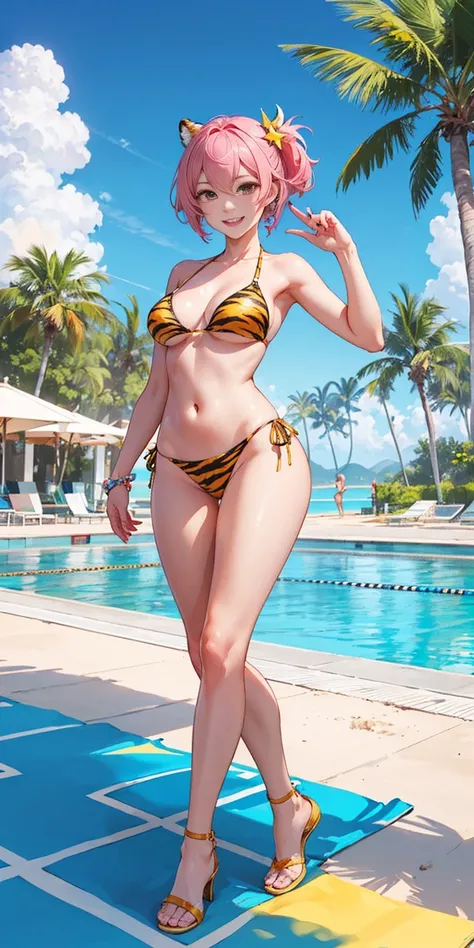 (honkai:_star_rail) Subject: Woman in yellow tiger print bikini Additional details: Activity: Standing confidently on a beach or a poolside. Background: Sunny day with clear skies (add palm trees for a beach setting). Expression: Smiling and having fun. Po...