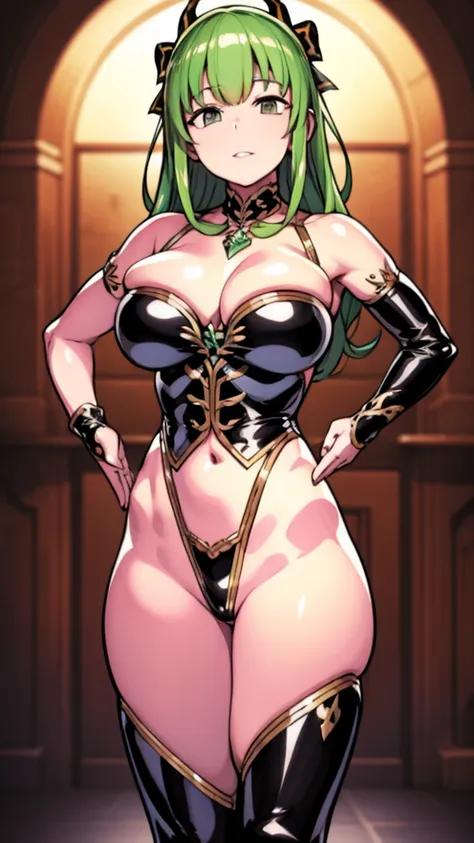 1 female,((Magical Girl 1.8)), slender body, female body, clavicle, (green hair, medium long hair)、green ribbon,white mini skirt, Haigre Pose,stand up, spread your legs, absurd, huge breasts,  (highest quality、4k、8k、High resolution、must have:1.2)、Super det...