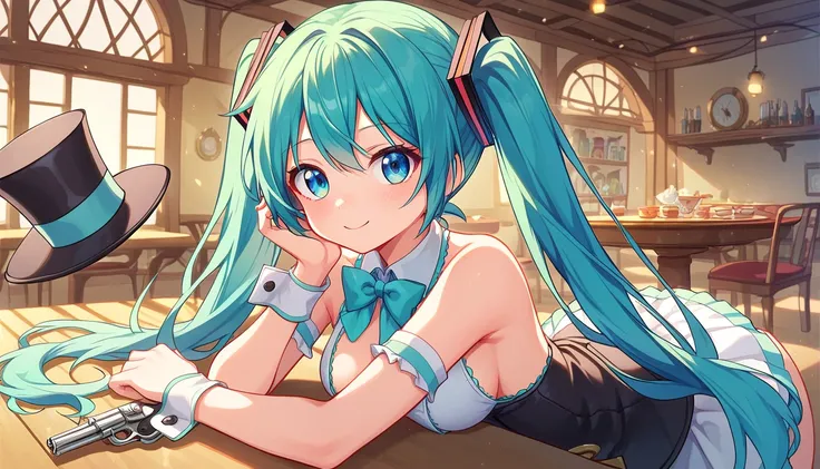 ((1girls:1.3)), ((moe style:1.3)), ((posing:1.3)), ((saloon:1.3)), ((monocle:1.3)), ((top hat:1.3)),((revolver:1.3)), hatsune mi...