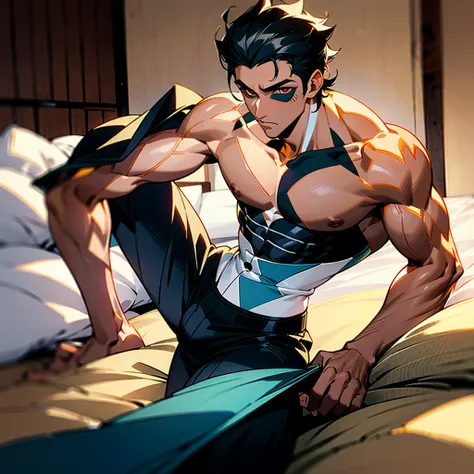 a extremely handsome man on his young Thirties, with an incredible athletic body, shirtless, dark-skinned Puerto Rican and Japanese ethnicities, and black hair, red eyes,  in his bedroom