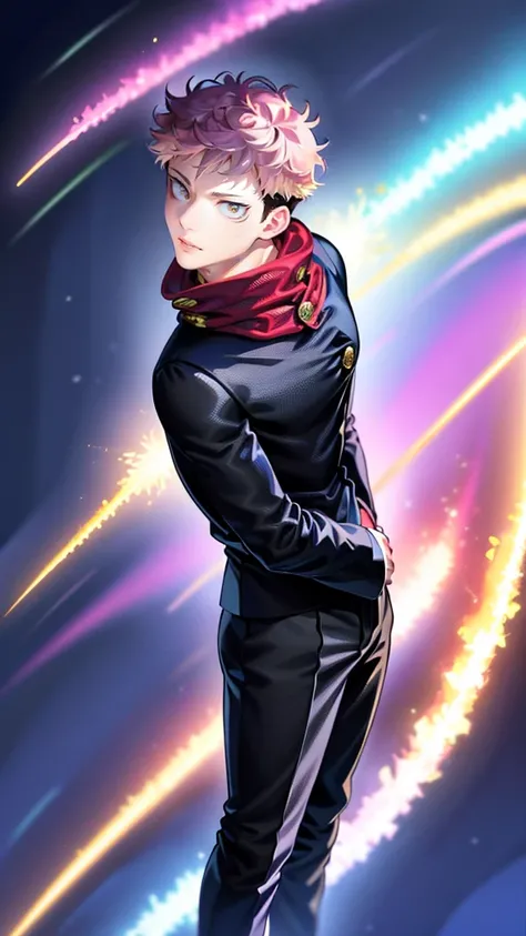 A handsome, dashing young man in the manga series "Jujutsu Kaisen" named, Ita Doti Yuji with his characteristic clothes, black hoodie, and red shoes, with HD, 4K anime photo resolution quality. with a backdrop of sparkling light, body-saving fantasy, as we...