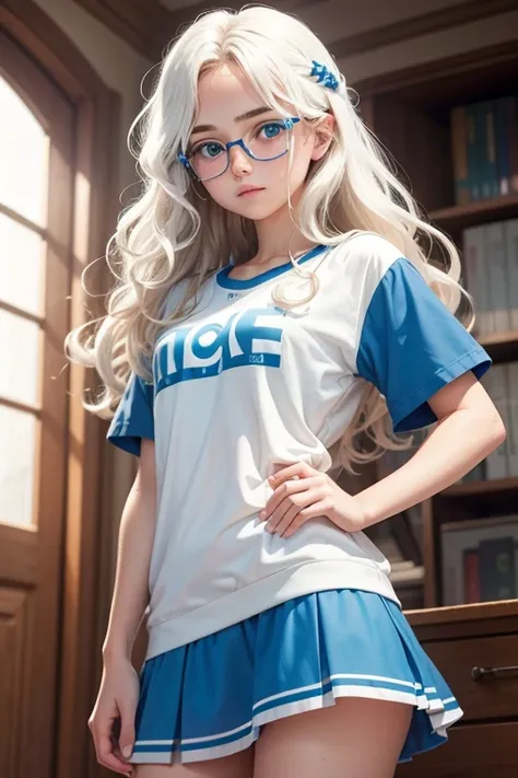 Teenager with wavy hair, white with blue eyes with glasses and mini skirt