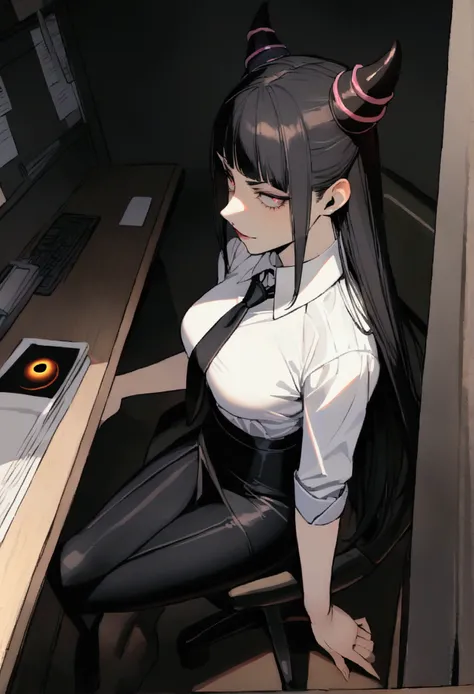 juri han, sitting,cross legs,side profile,work of art, tight white secretary shirt with black tie, black high waist skirt, short skirt,stocking, black hair, black tightscary sun,office,bangs on the eyes,lighting,horn of hair,view from above,evil smile,lind...