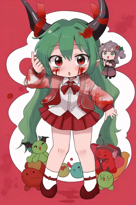 masterpiece, best quality, highly detailed, nozochibi, 1girl, (chibi:1.4), hatsune miku, full body, komano aunn, blood on clothes, blood on horn, 