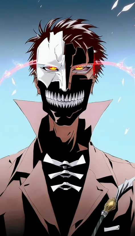 a mask completely destroyed and fragmented, completely glued together and with a broken horn appeared from the forehead  ,hollow mask, bleach anime