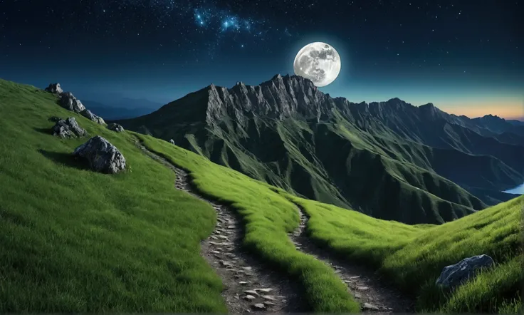 Night view with the moon and stars shining in the sky.very beautiful landscape, extremely detailed, extremely detailed show of a mysterious place; in the foreground the mountain trail with bright green grass