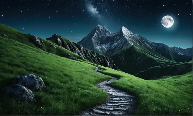 Night view with the moon and stars shining in the sky.very beautiful landscape, extremely detailed, extremely detailed show of a mysterious place; in the foreground the mountain trail with bright green grass