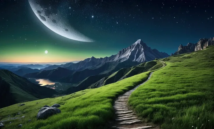 Night view with the moon and stars shining in the sky.very beautiful landscape, extremely detailed, extremely detailed show of a mysterious place; in the foreground the mountain trail with bright green grass