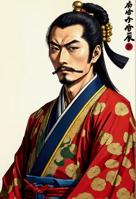 Draw a young Oda Nobunaga in eccentric clothing from the Sengoku period. He should have a playful and rebellious expression, reflecting his nickname "Utsuke-mono" (fool). The attire should be colorful and unconventional.
